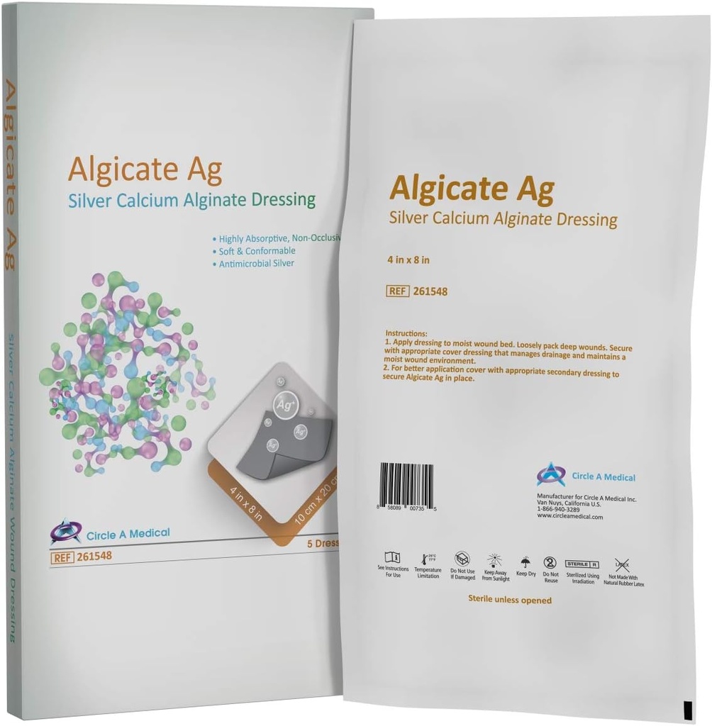 Silver Calcium Alginate Dressing, 4" x 8", Sterile 1s, 5/bx