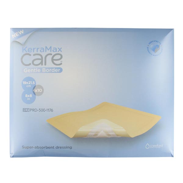 Super Absorbent Dressing KerraMax Care® Gentle Border Nonwoven 8 X 8 Inch Sterile