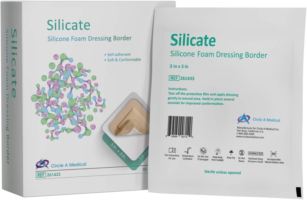 Silicate Silicone Border Foam Dressing, Gentle, 3" x 3", 10/bx