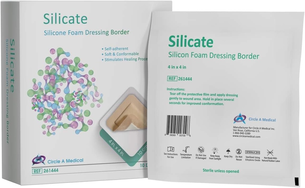 Silicate Silicone Border Foam Dressing, Gentle, 4" x 4", 10/bx