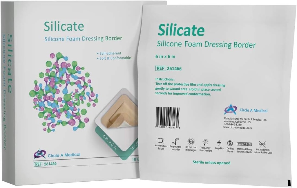 Silicate Silicone Border Foam Dressing, Gentle, 6" x 6", 10/bx