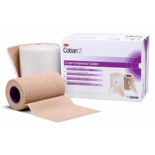 2 Layer Compression Bandage System 3M™ Coban™ 2 4 Inch X 3-4/5 Yard / 4 Inch X 6-3/10 Yard 35 to 40 mmHg Self-adherent / Pull On Closure Tan / White NonSterile