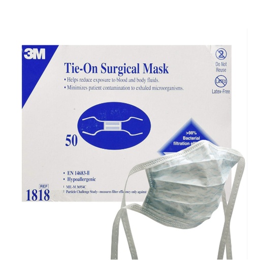 [MMM-1818] Surgical Mask 3M™ Pleated Tie Closure One Size Fits Most White NonSterile Not Rated Adult