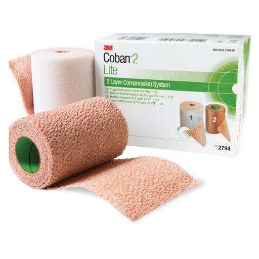 [MMM-2794N] 2 Layer Compression Bandage System 3M™ Coban™2 Lite 4 Inch X 2-9/10 Yard / 4 Inch X 5-1/10 Yard 25 to 30 mmHg Self-adherent / Pull On Closure Tan / White NonSterile